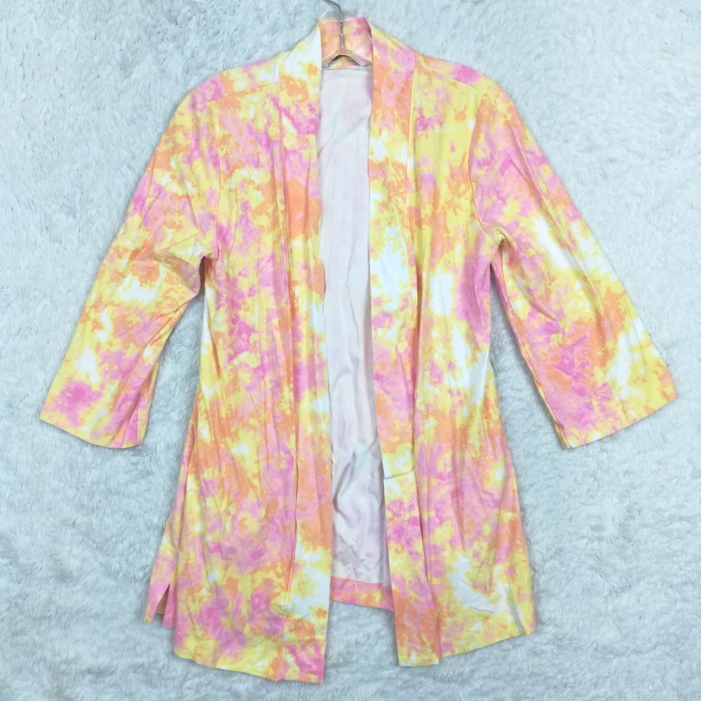 Isaac Mizrahi Live Womens Cardigan Open Front Tunic Abstract Bright Yellow S